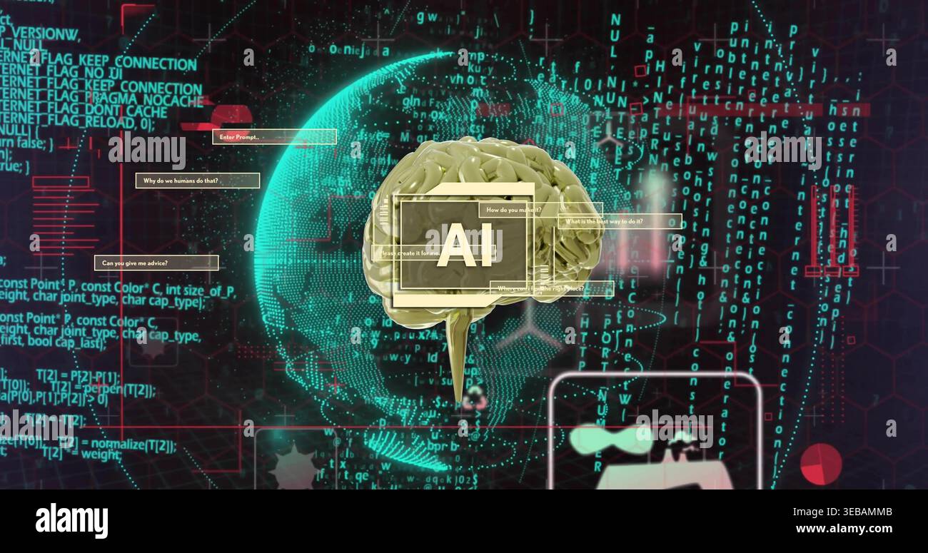 Floating 3D brain labeled AI sitting centered in virtual UI, with holo globe, code streams Stock Photo