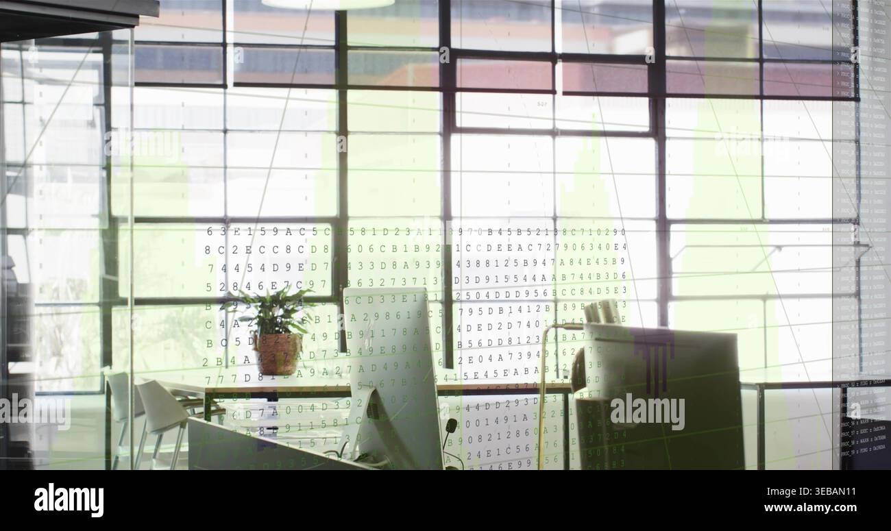 Displaying floor-to-ceiling grid glass windows projecting code overlay in open office, with desks Stock Photo