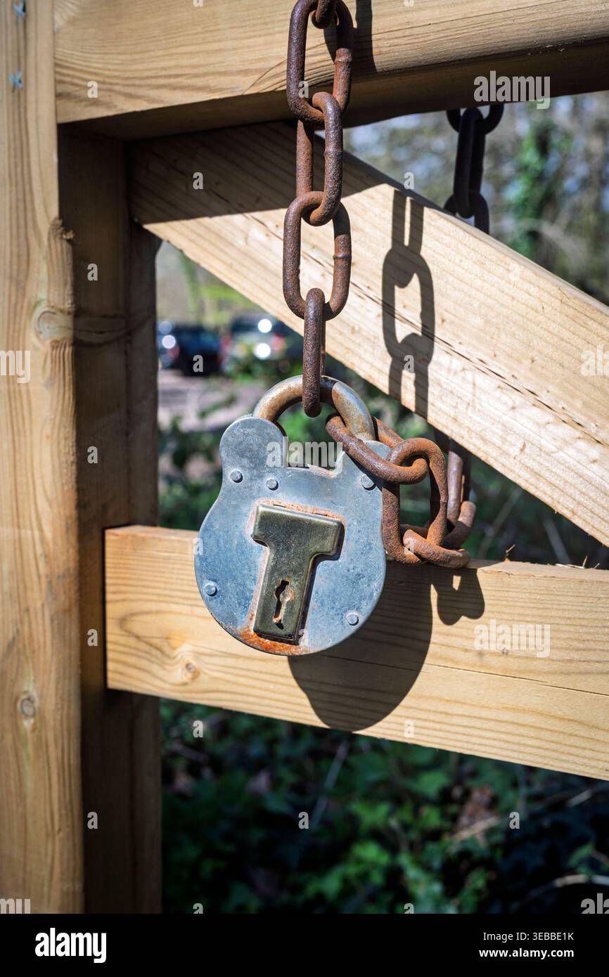 Rusty Padlock and Chain On Wooden Gate Stock Photo