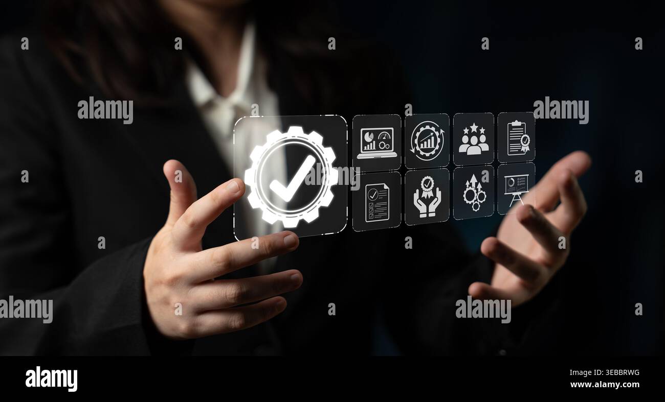 Business Professional Engaging with Digital Interface Displaying Various Icons Representing Data Analytics and Management Strategy Concepts Sigmoid Stock Photo