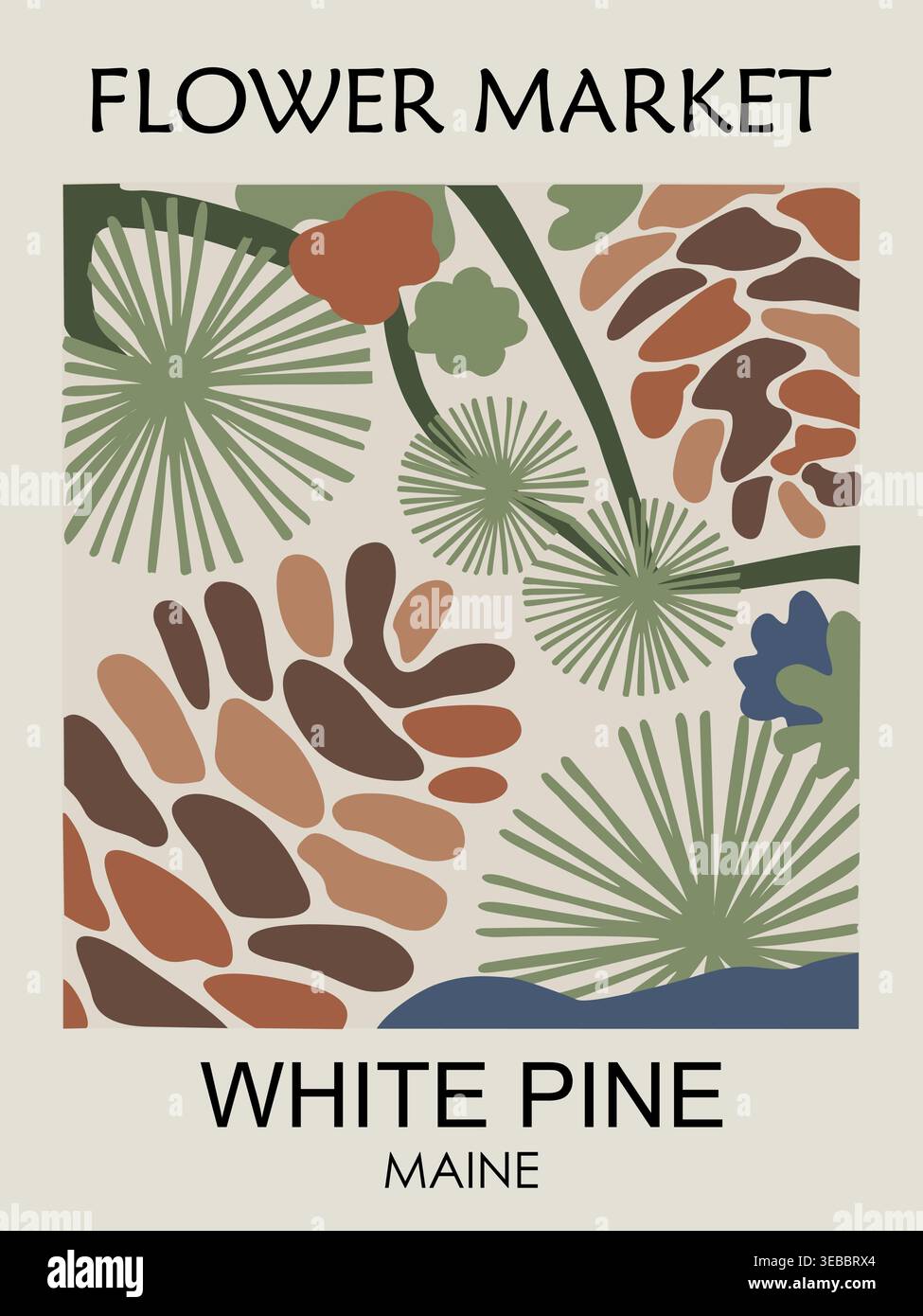 Retro poster with stylized white pine leaves, cone Stock Vector