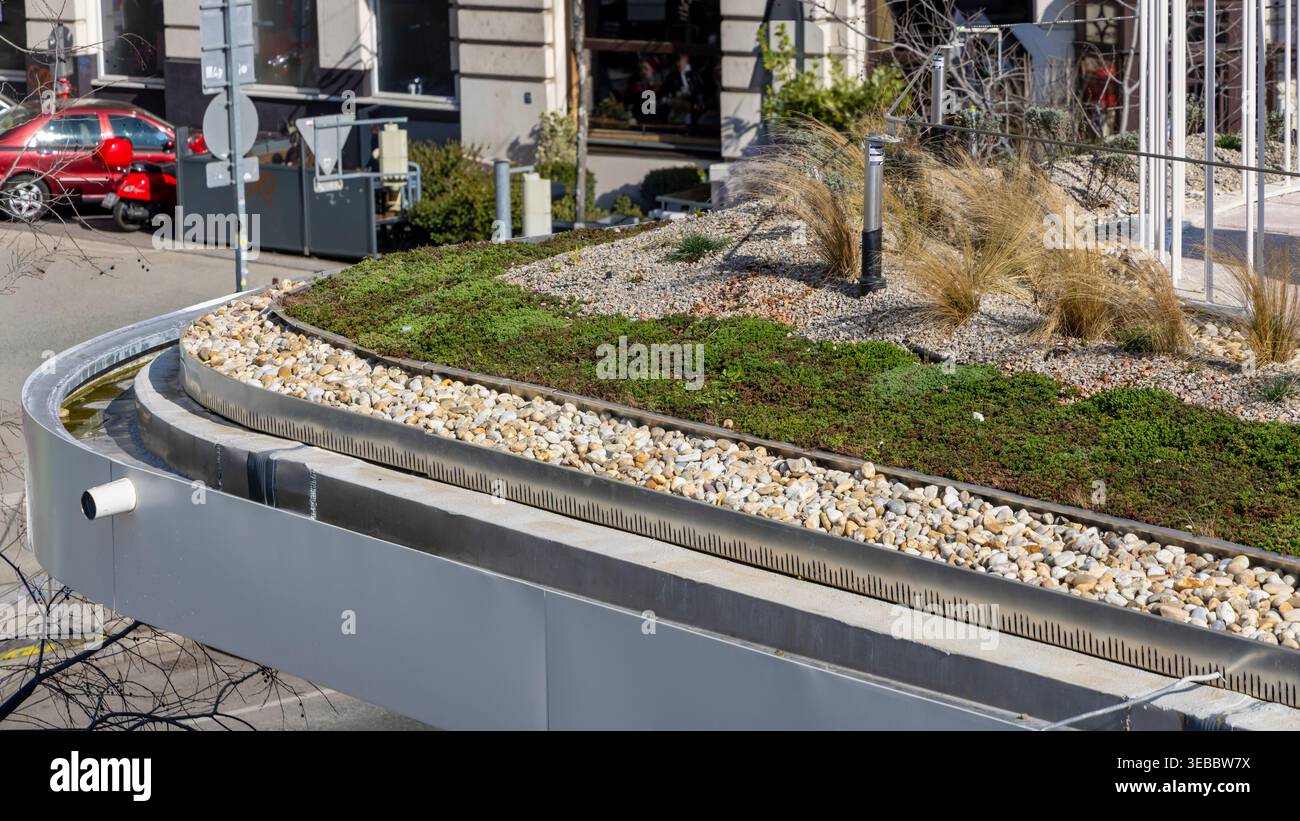Low-profile green roof planted with sedum and gravel drainage strips on ...
