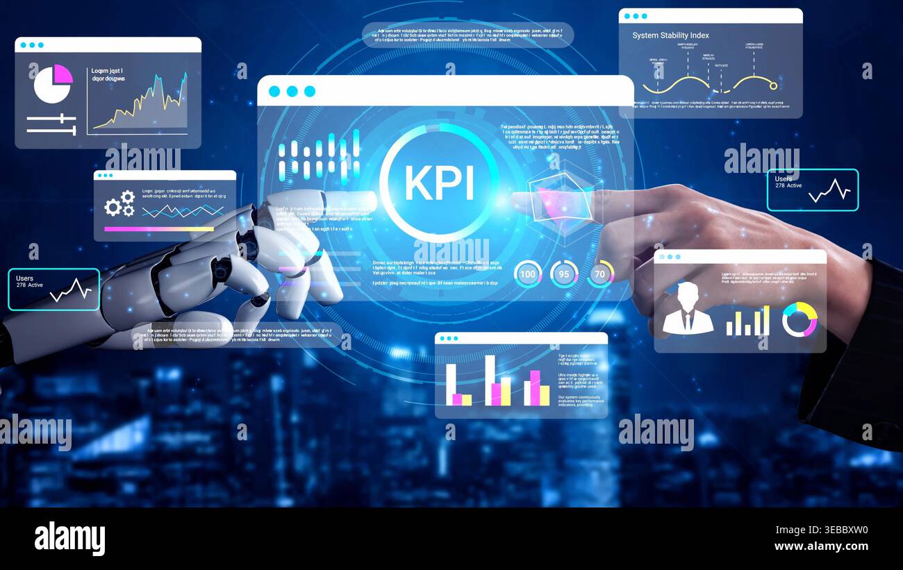 Futuristic concept of robotic and human collaboration analyzing Key Performance Indicators with digital analytics and data visualization in a tech Stock Photo