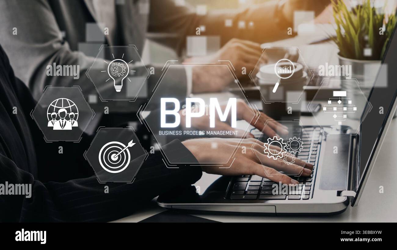 Business Process Management concept showing workflow analysis, process optimization, team collaboration, automation, and performance improvement Stock Photo