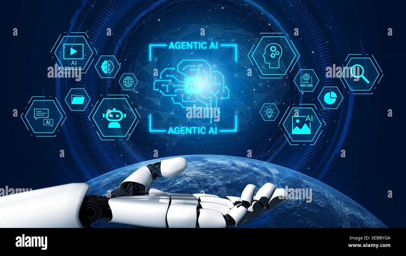 Futuristic Robotic Hand Reaching Towards Digital Interface Showcasing Artificial Intelligence Concepts and Data Visualization in Space Background Stock Photo