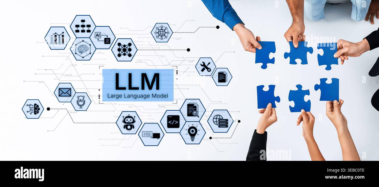 Large Language Model LLM processing data. Represents deep text learning, natural language processing NLP AI tech, transformer architecture, and Stock Photo