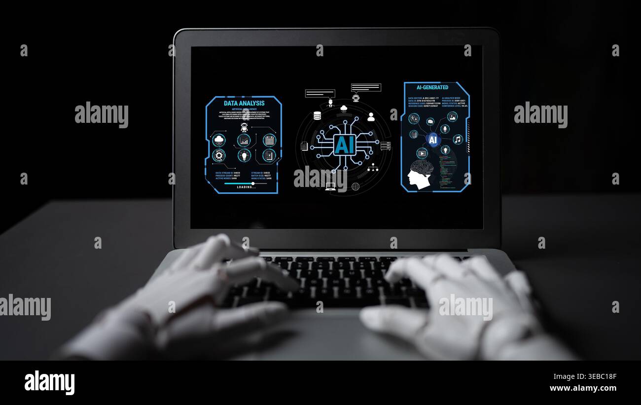 Futuristic Robot Hand Interacting with Laptop Displaying Artificial Intelligence Data Visualization and Analytics Concepts Fluxor. Stock Photo