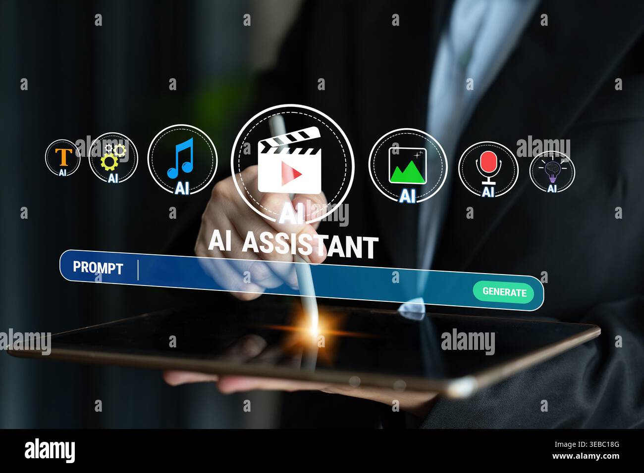 Innovative Digital Interface Featuring AI Assistant Tools for Creative Projects and Content Generation on a Tablet Device Quark. Stock Photo