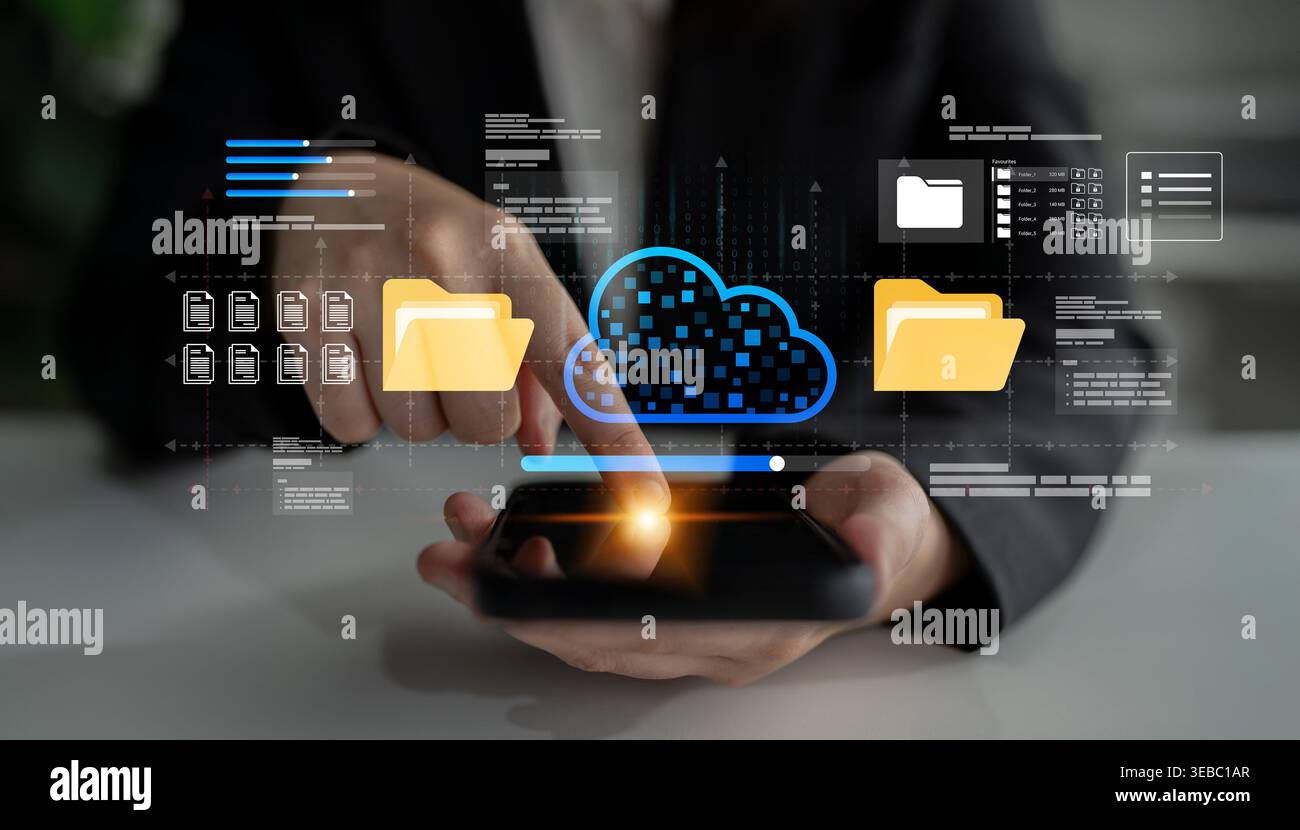 A business professional interacts with a smartphone interface showcasing cloud technology for efficient file management and secure data storage Stock Photo