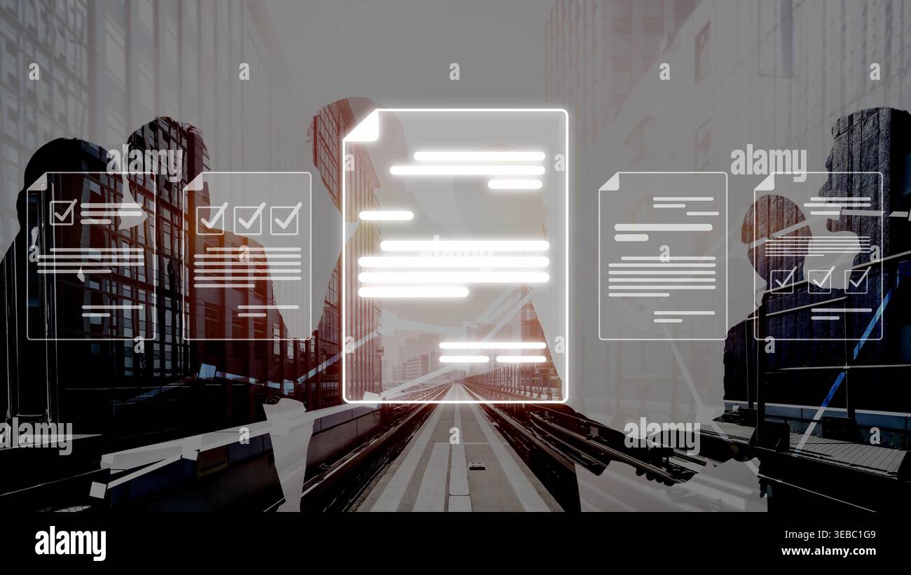Online document management, cloud-based document access, secure digital file storage, paperless document workflow, and online document sharing for Stock Photo