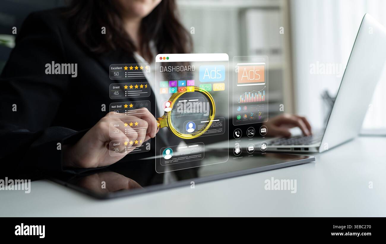 Business Professional Analyzing Analytics Dashboard on Laptop with Virtual Interactive Interface Displaying Charts and Data Metrics Sigmoid Stock Photo