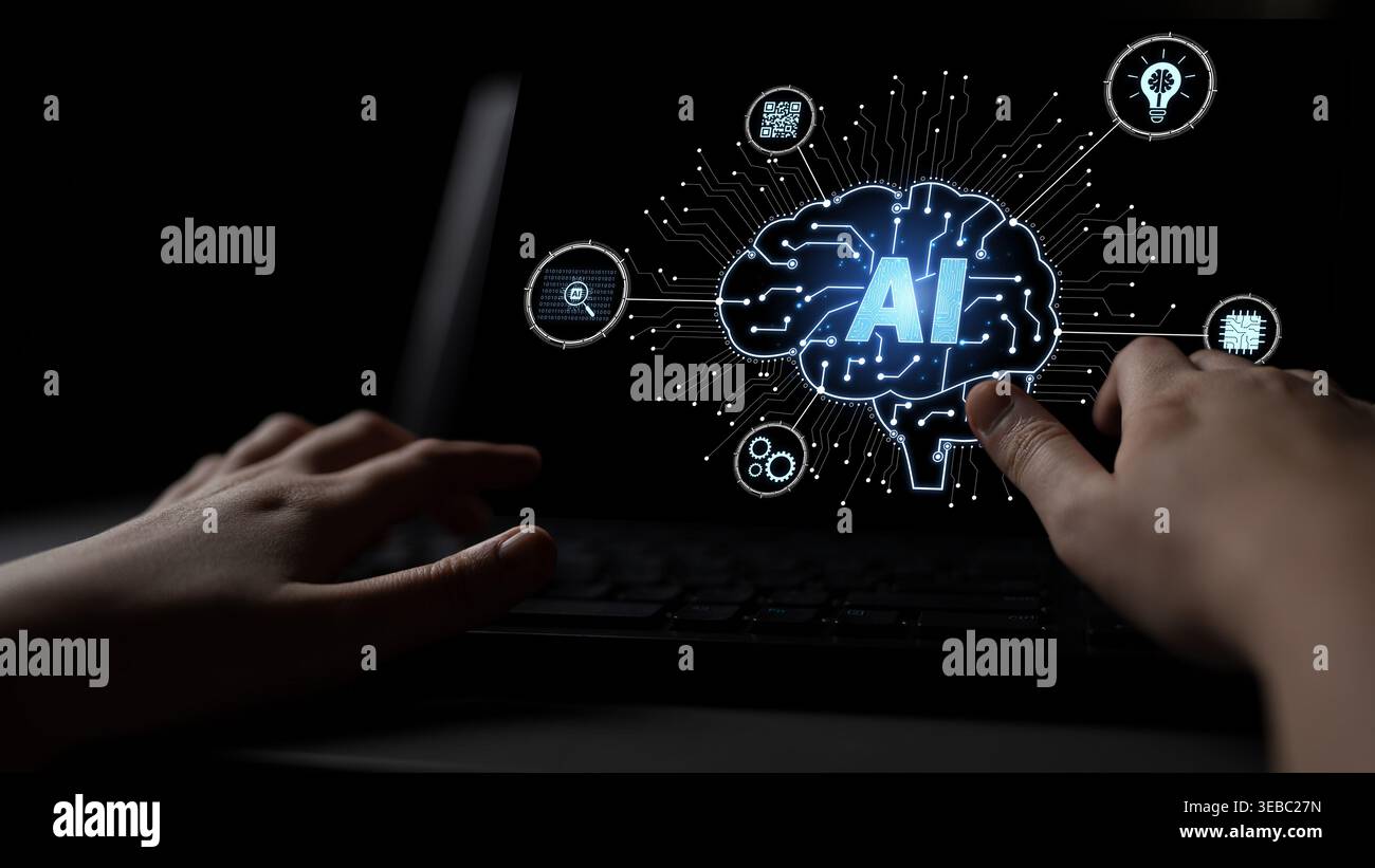 Artificial intelligence models neural signals for deep learning and cognitive computing. Train artificial intelligence to improve recognition Stock Photo