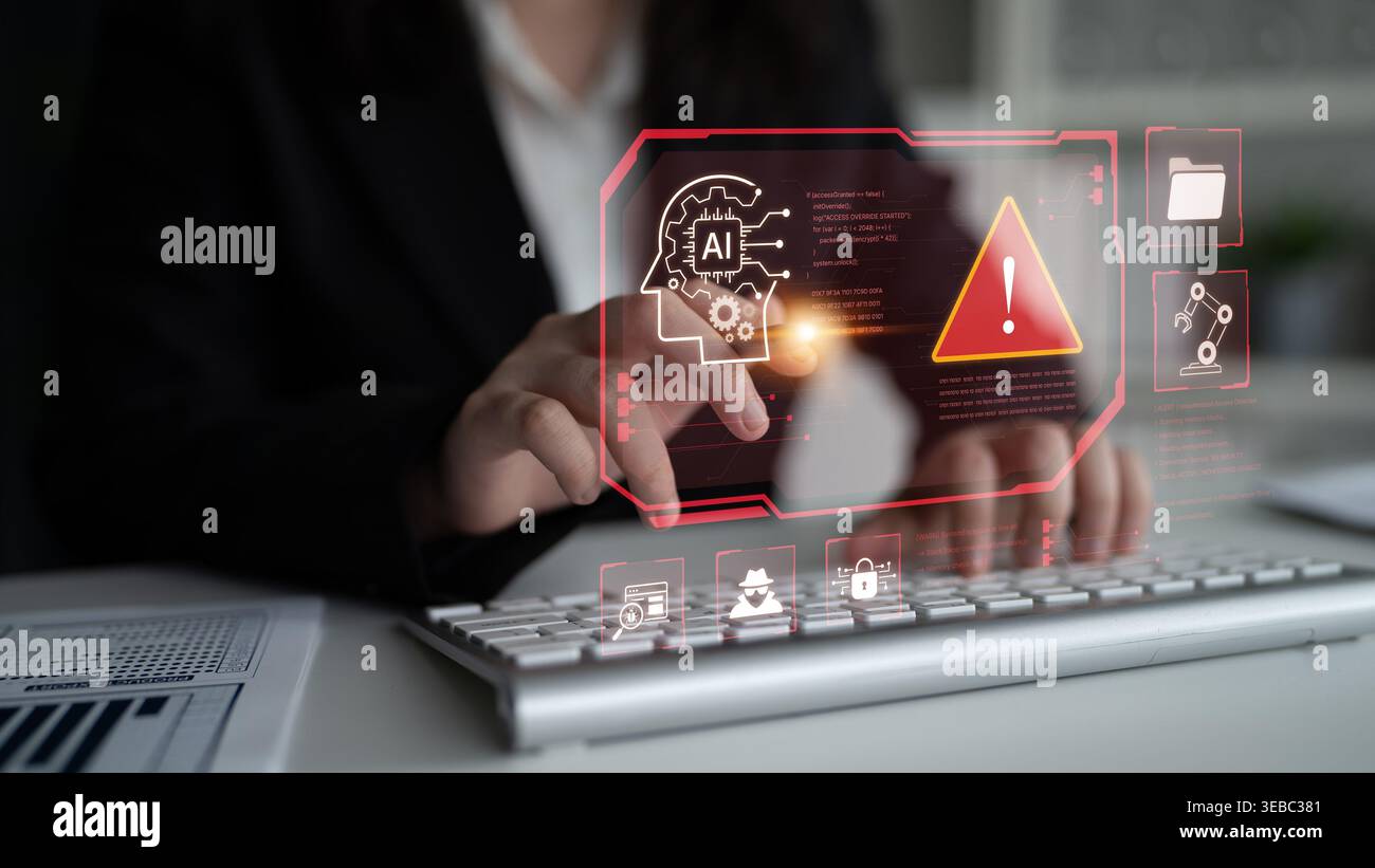 Futuristic cybersecurity concept featuring a critical system warning ...