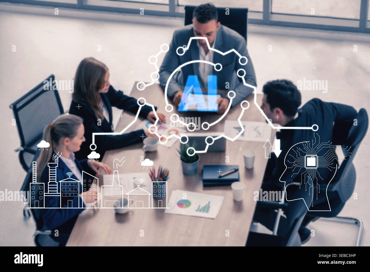 Diverse Business Team Collaborating on Artificial Intelligence Strategy in Modern Office with Futuristic Digital Overlays Quark. Stock Photo