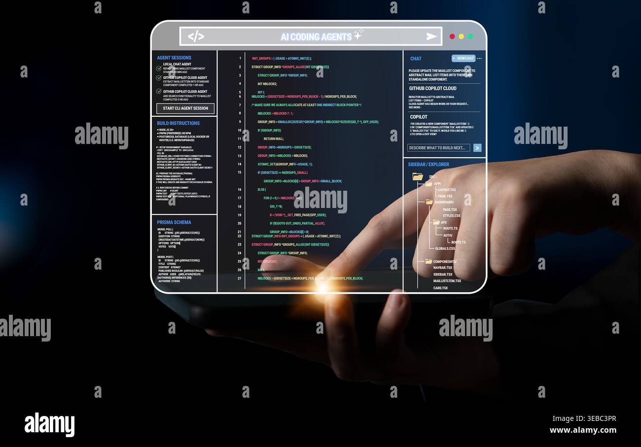 Futuristic Tablet Displaying Code with AI Programming Interface in a Dark Environment, Focusing on Finger Interaction and Tech Innovation Quark. Stock Photo