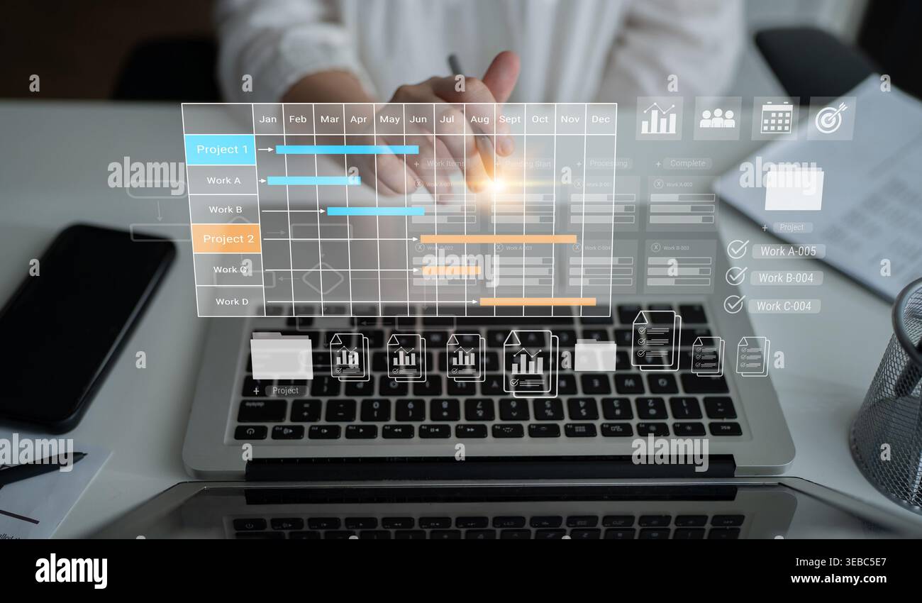 Digital visualization of multiple project timelines with progress tracking, documents, and team collaboration symbols Parse Stock Photo