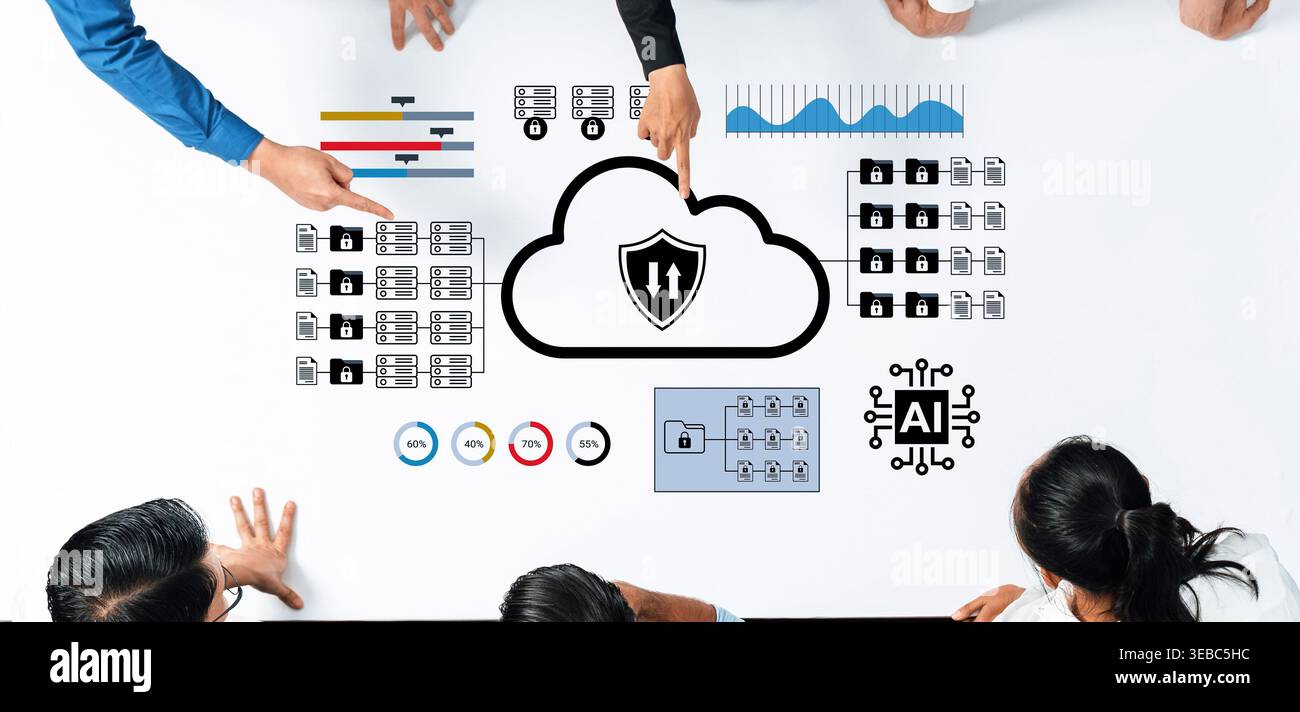 A group of professionals engages in a collaborative discussion about cloud security and data protection, analyzing visual data representations for Stock Photo