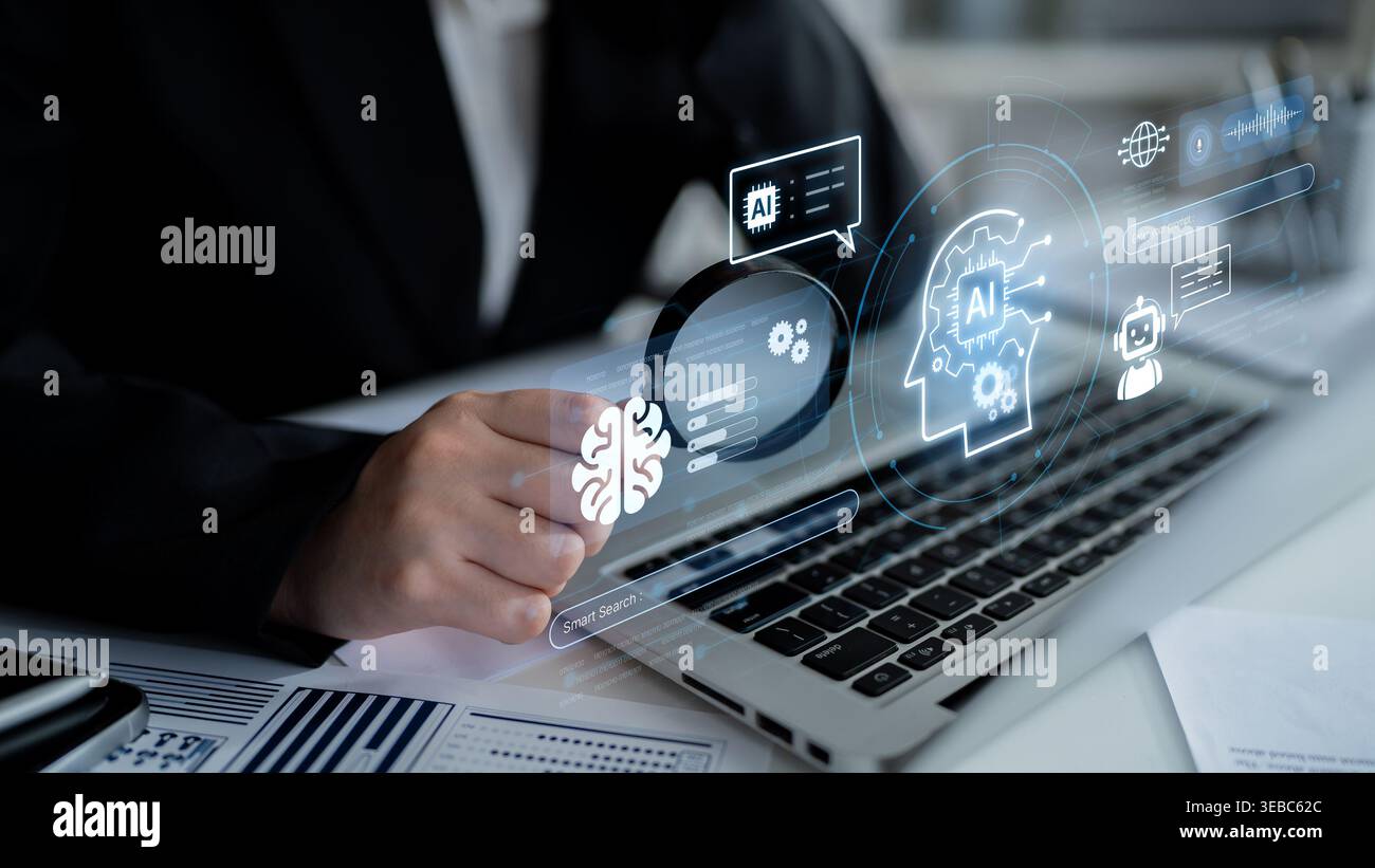 Advanced AI cognitive computing concept with human brain and AI gear ...