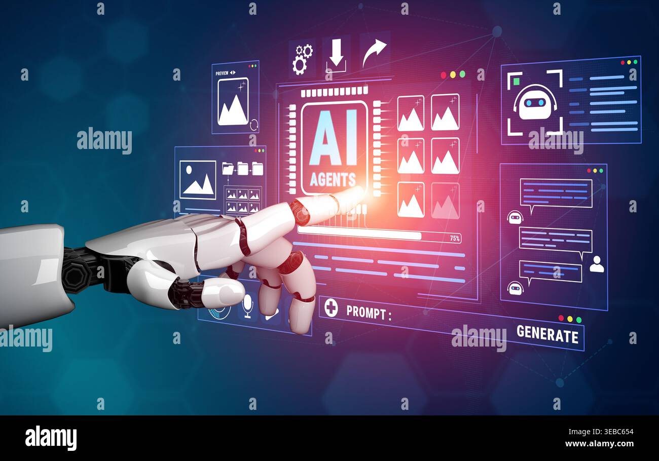 Futuristic Robotic Hand Interacting with AI Technology Interface Displaying Data and Visual Elements in Digital Environment Quark. Stock Photo