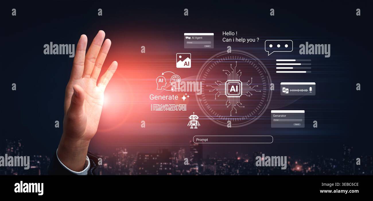This image showcases a human hand interacting with a vibrant digital interface featuring AI functionalities in a modern city, symbolizing Stock Photo