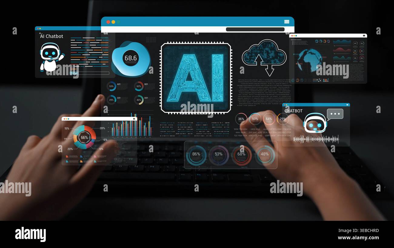 Hands interacting with AI chatbot interface on laptop screen showcasing data analytics, graphs, and futuristic technology concepts in dark background Stock Photo