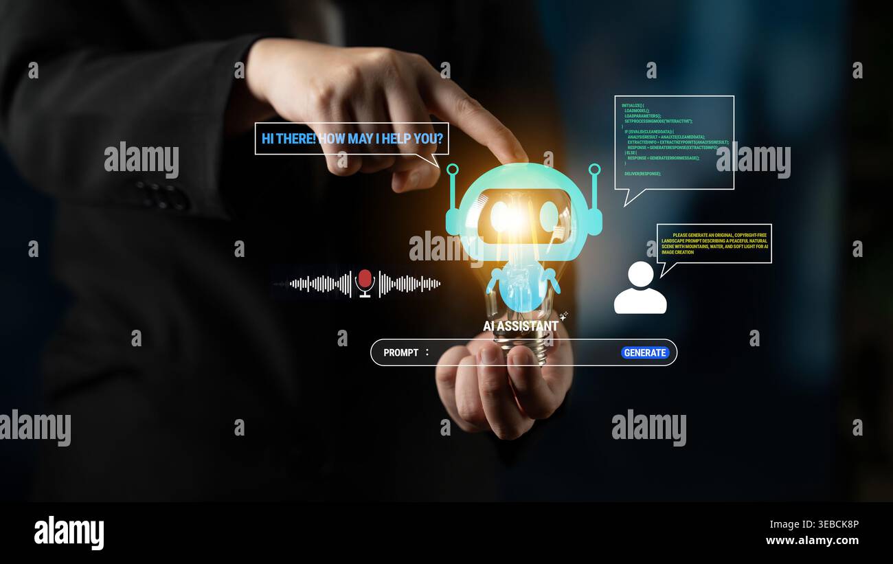 Business Professional Interacting with AI Assistant Interface Displaying Virtual Communication and User Engagement Tools Quark. Stock Photo