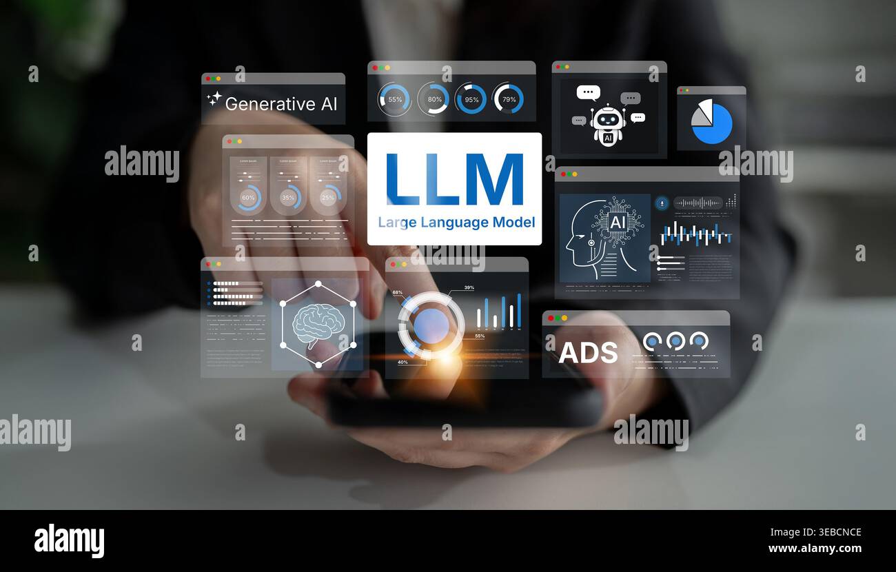 Large Language Model LLM processing data. Represents deep text learning, natural language processing NLP AI tech, transformer architecture, and Stock Photo