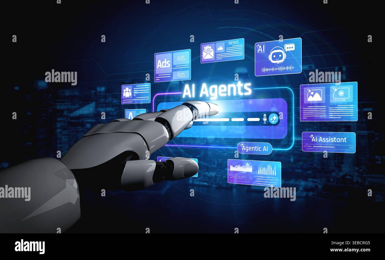 Futuristic Robot Hand Interacting with Digital Interface Displaying AI Agents, Icons, and Data Visualizations in a Tech Environment Sigmoid Stock Photo