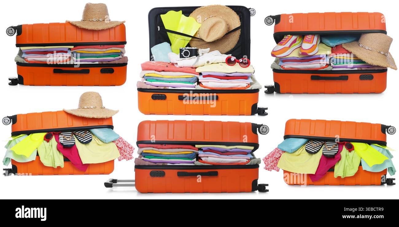 Suitcase with packed stuff isolated on white, set Stock Photo
