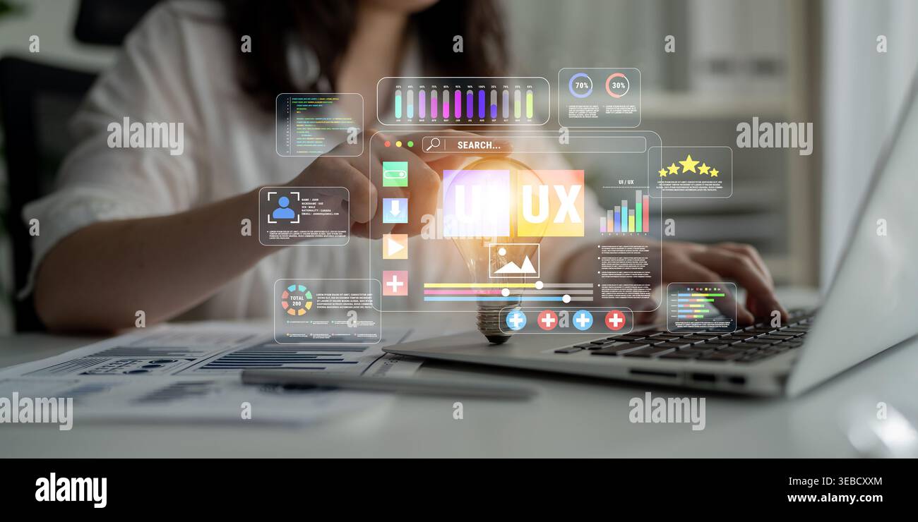 Professional User Experience Design Process with Digital Interface and Analytical Tools for Website Improvement and Data Visualization Quark. Stock Photo