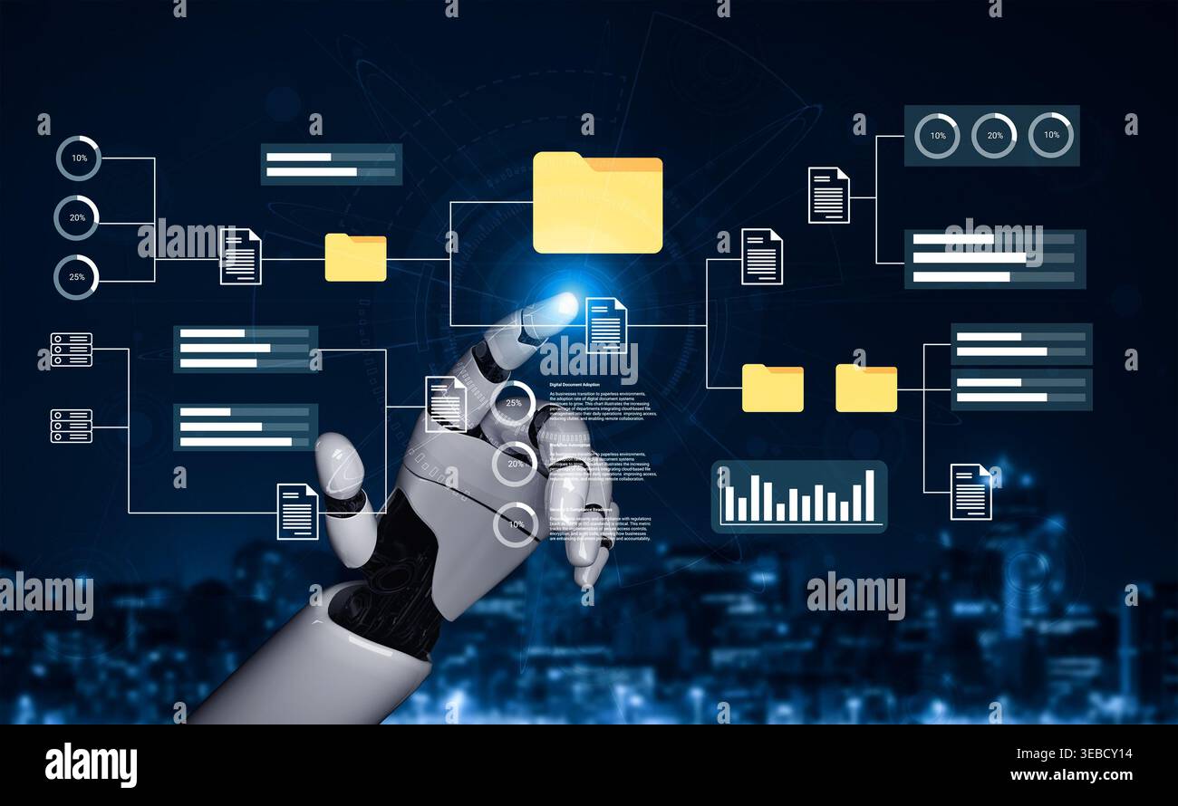 A robotic hand interacts with a digital interface showcasing file organization and data management. This image symbolizes advanced technology and Stock Photo