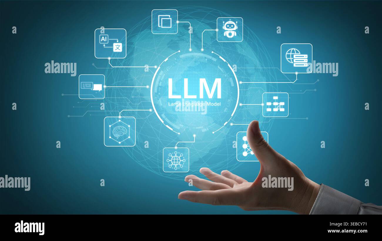 Large Language Model LLM processing data. Represents deep text learning ...