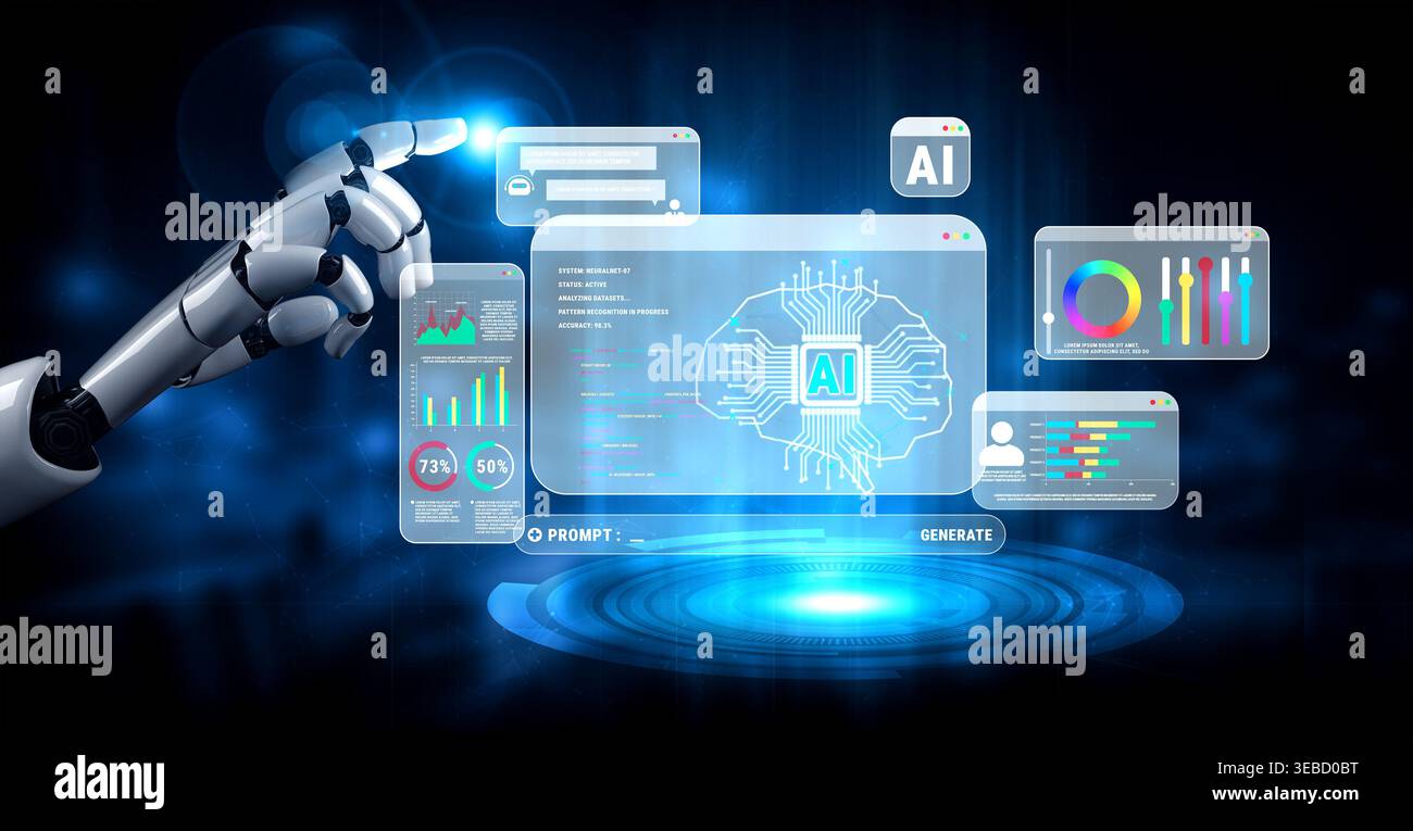 Futuristic Robot Hand Interacting with Digital Interface Displaying Artificial Intelligence Concepts and Data Visualization Elements Quark. Stock Photo