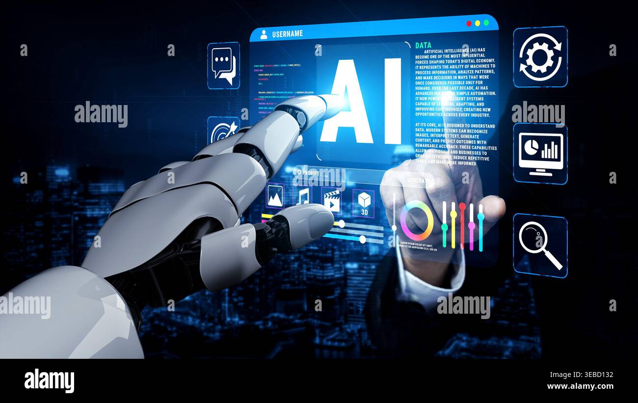 Human-Like Robot Hand Interacting with Futuristic User Interface Displaying Artificial Intelligence Data and Analytics in a Digital Environment Quark. Stock Photo