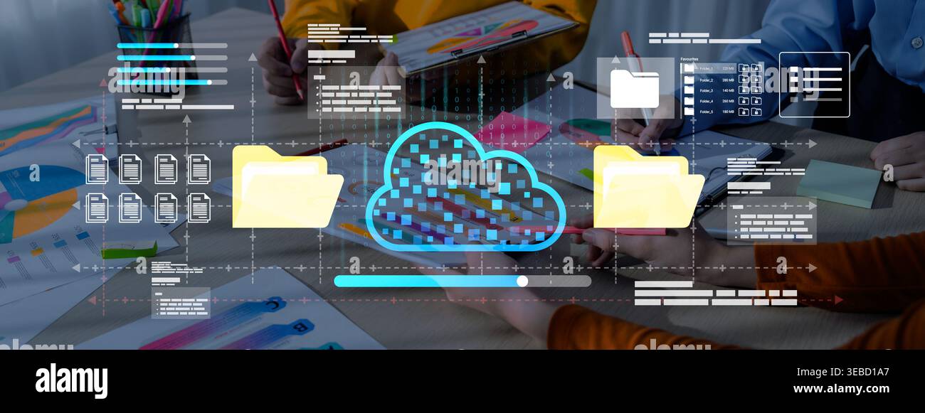 A vibrant workspace featuring a creative team using cloud technology for collaborative projects, focused on innovation, design, and effective Stock Photo