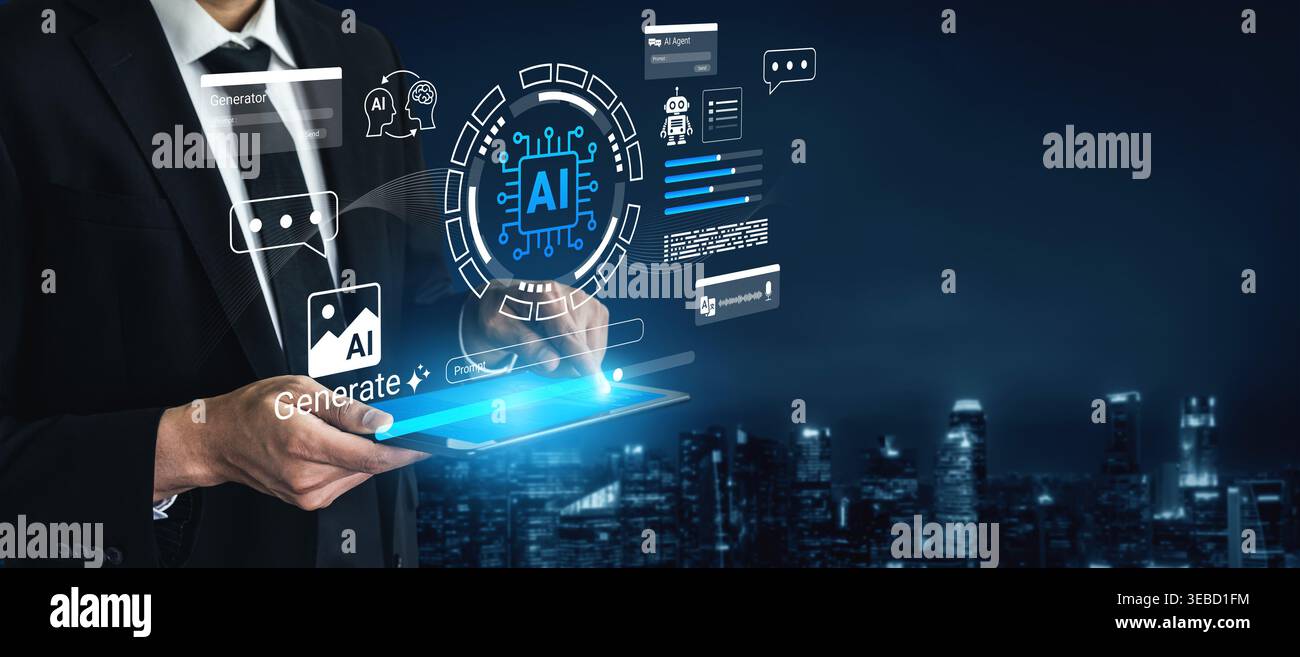 A businessman engages with a tablet displaying advanced artificial intelligence graphics. The scene captures innovative technology against a vibrant Stock Photo