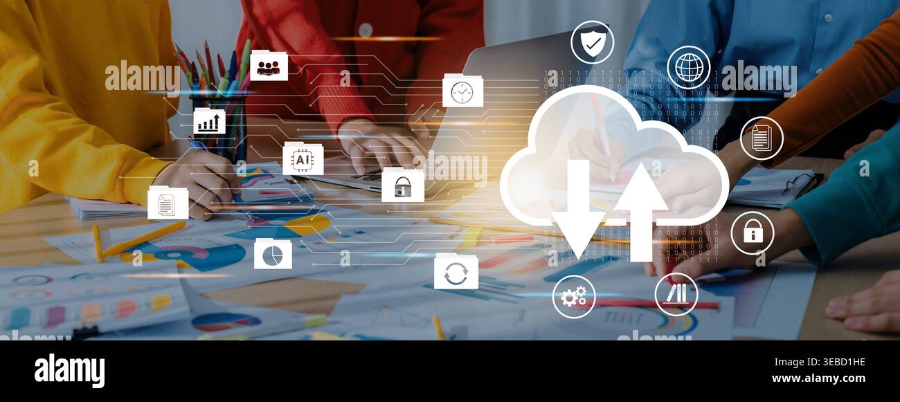 Cloud data storage enhances secure backup, improves connectivity, and supports digital file management Parse Stock Photo