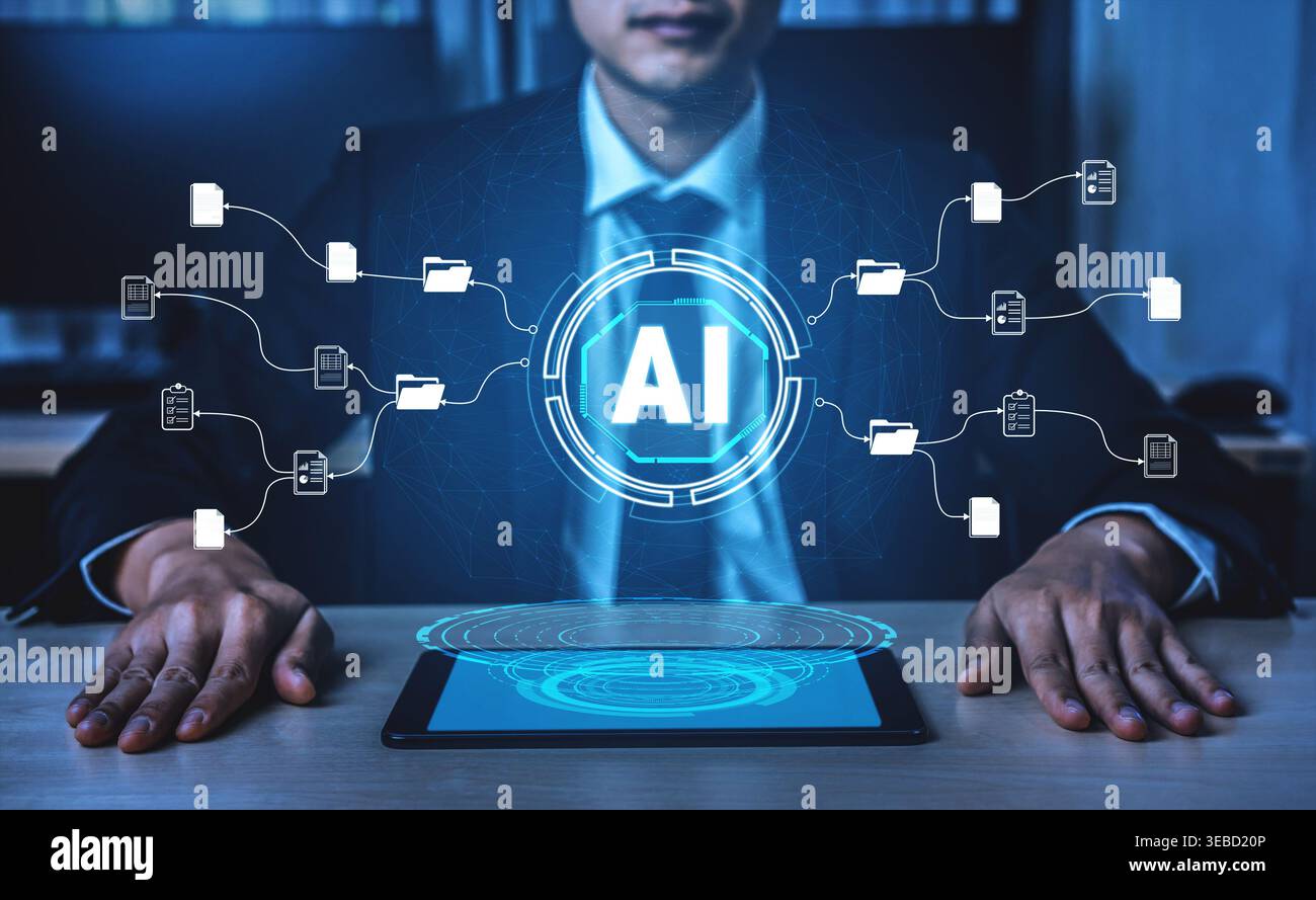 Businessman in Suit Interacting with AI Technology on Tablet Surrounded by Digital Data Connections and Visualizations in Modern Office Environment Stock Photo
