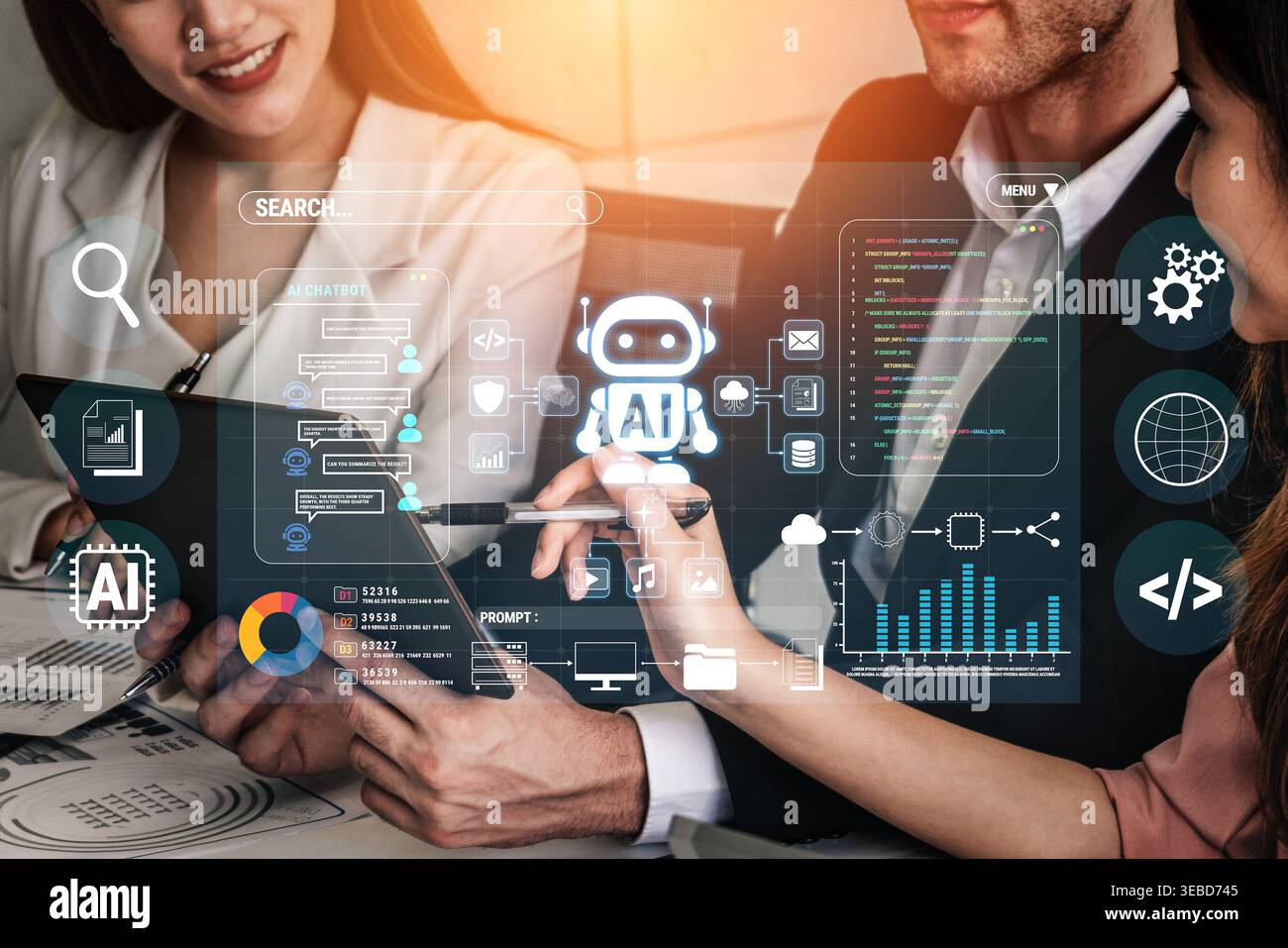 Business professionals collaborating on artificial intelligence project using digital tablets with futuristic technology graphics overlay for Stock Photo