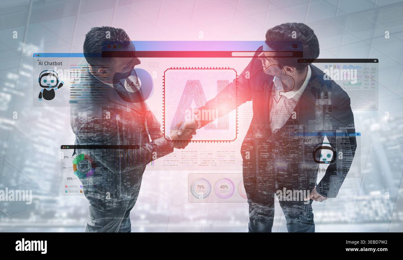 Businessmen Shaking Hands Over Digital Interface Representing AI Chatbot Technology and Analytics in a Modern Office Setting Sigmoid Stock Photo