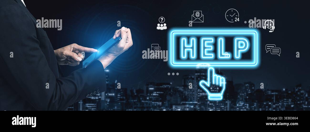 Digital customer support system provides quick assistance, real-time chat, and communication solutions, improving service efficiency, response time Stock Photo