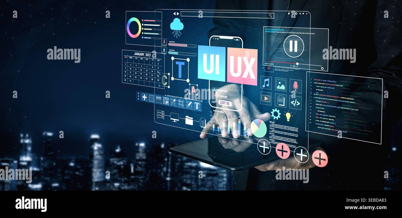 Futuristic User Interface Design Concept Featuring UI and UX Elements with Data Visualization Graphics in a City Skyline Background Fluxor. Stock Photo