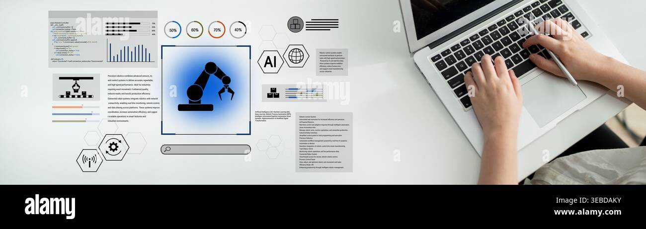 Robotic process automation enhances industrial efficiency through AI integration, intelligent control, and data-driven automation, improving workflow Stock Photo
