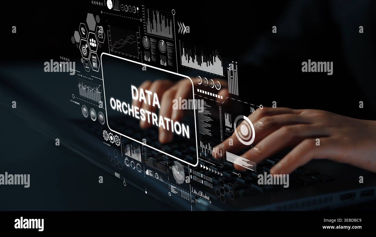 Hands Typing on Laptop with Virtual Data Orchestration Interface Displaying Graphs and Analytics in Dark Environment. Asymptotic smart data analytic. Stock Photo