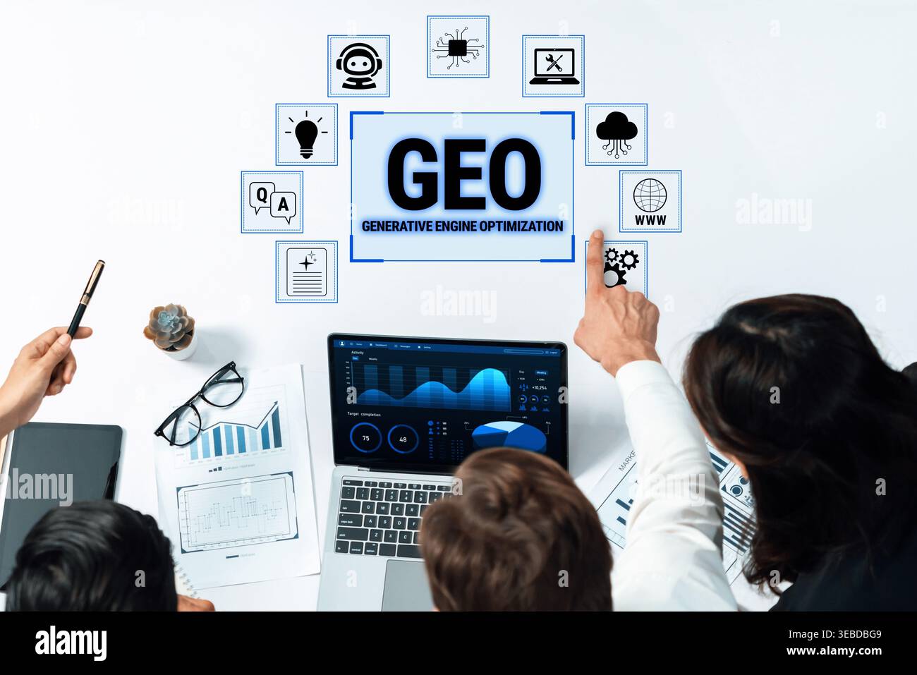 Collaborative Workspace for Generative Engine Optimization Strategy with Data Analysis and Innovative Tools in a Modern Office Environment Fluxor. Stock Photo