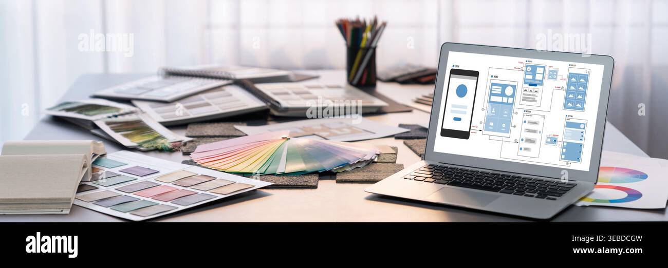 UX UI design process for brisk mobile application and website . Creative prototype of wireframe for professional app developer . Stock Photo