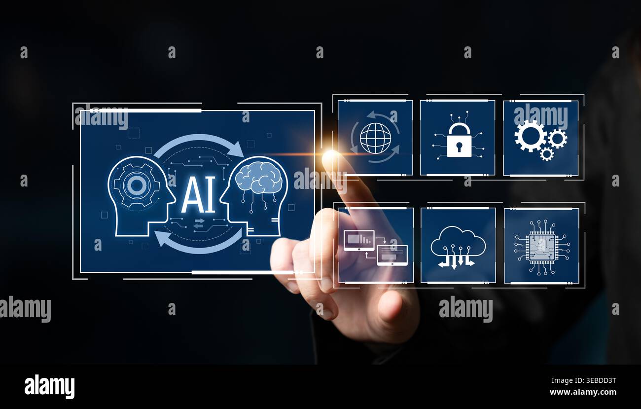 AI system integration improves artificial intelligence platform. AI system integration enhances automation, secures data, supports cloud, and AI Stock Photo