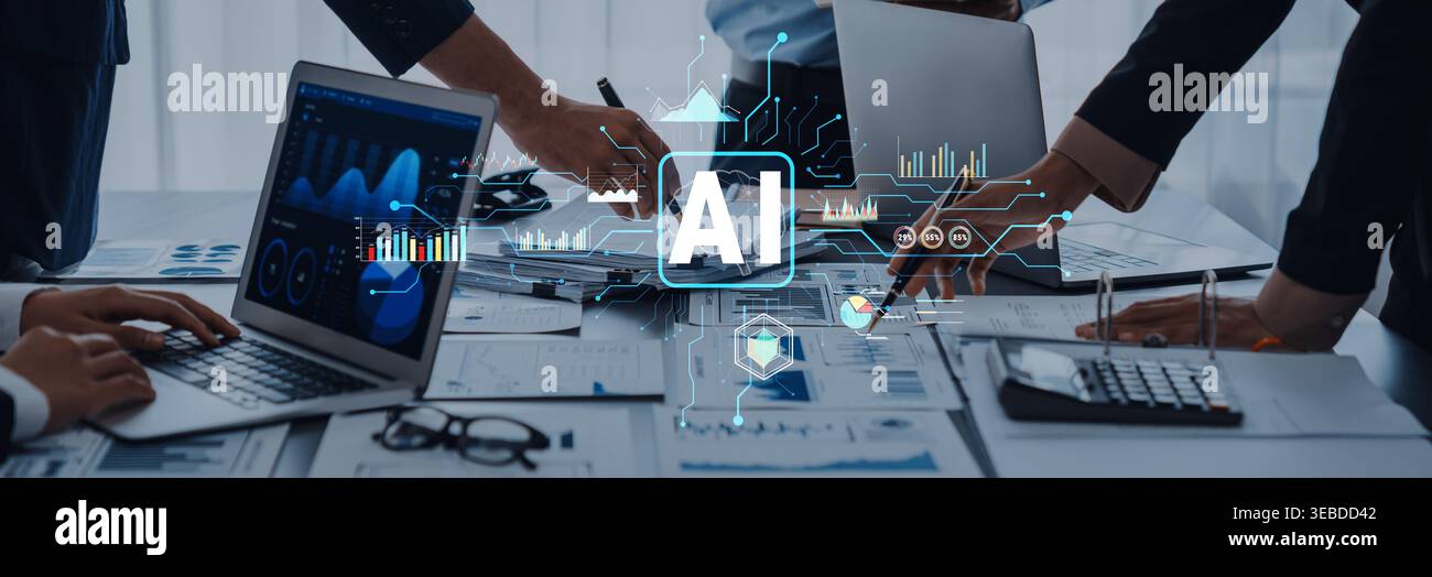This image captures a dynamic meeting focused on artificial intelligence, featuring laptops, charts, and collaborative efforts, highlighting Stock Photo