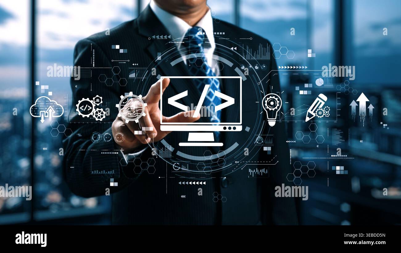 Modern web development concept featuring coding symbols, web development process, web development interface, and web development tools with futuristic Stock Photo