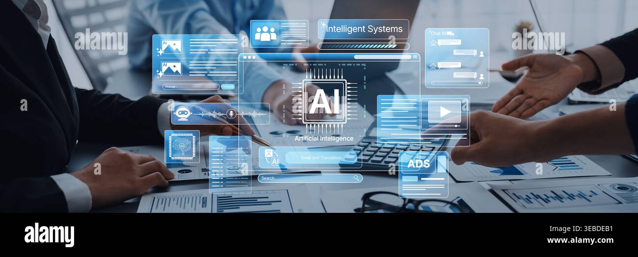 A team of professionals collaborates on an artificial intelligence project, utilizing digital interfaces and data analytics in a modern office setup Stock Photo